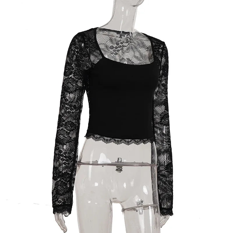 SsTss Solid Slim Sheer Lace Top for Women Fashion Hollow Out Long Sleeve Square Neck Slim Stretch Basic Crop T Shirt for Dating - Chrissy's Eye