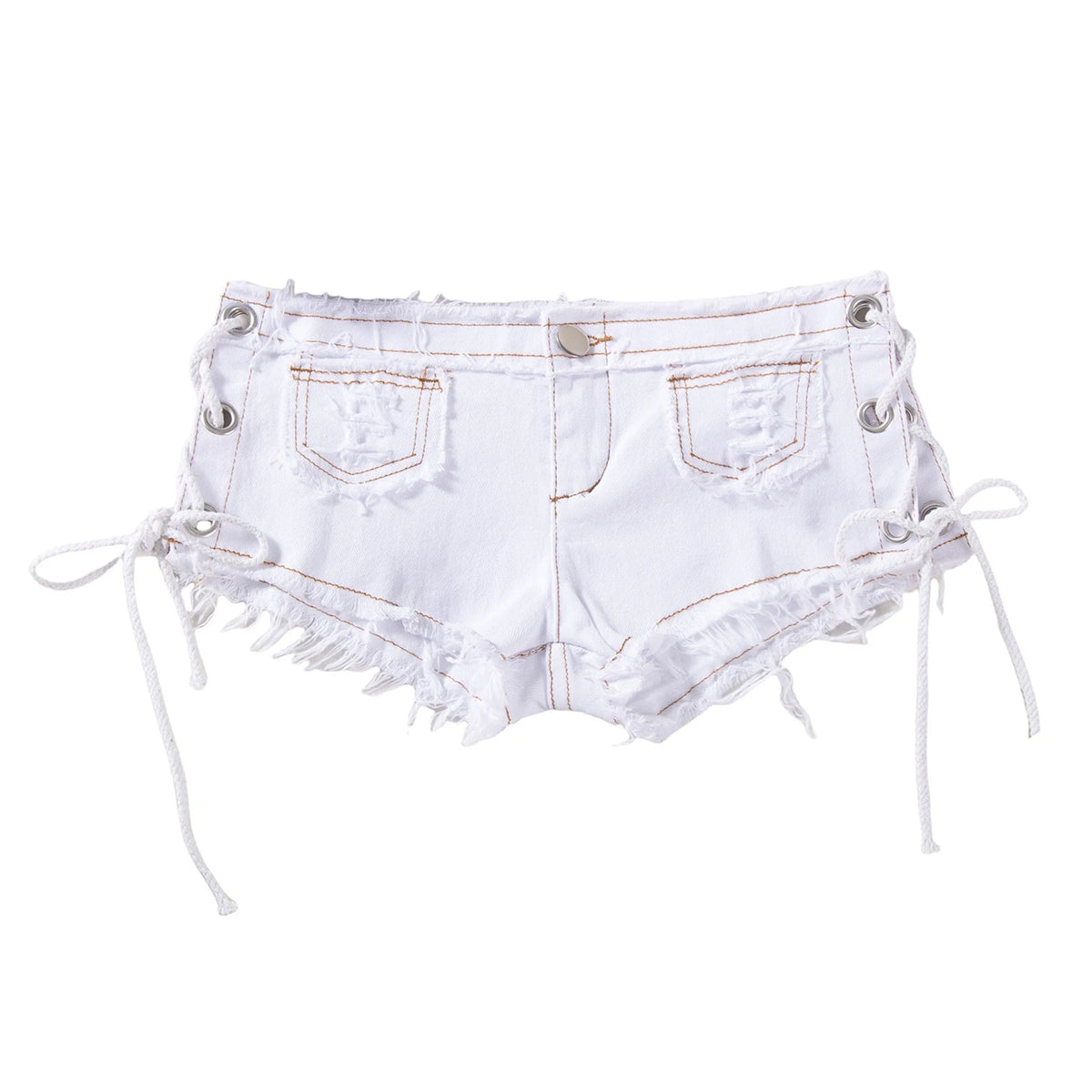 Men's Low Rise Extra Short Hot Pants Raw Edge Ripped Denim Shorts with Sides Lace-up Booty Jeans Shorts for Rave Party Clubwear - Chrissy's Eye