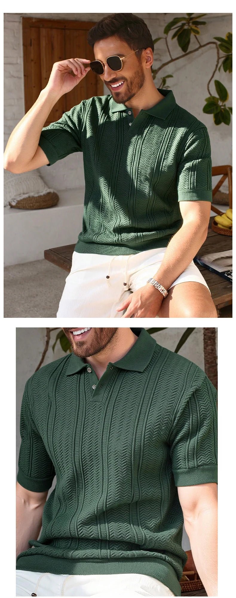 Mens Knit Polo Shirts Short Sleeve Textured Polo Shirt Casual Business Collared Button Shirts - Chrissy's Eye