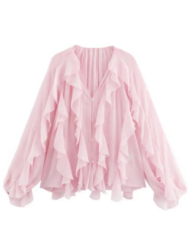 2026 Summer Chic Women's Elegant Loose Long Sleeve Layered Shirts Office Lady Vintage V-neck Translucent Tierred Ruffles Blouses - Chrissy's Eye
