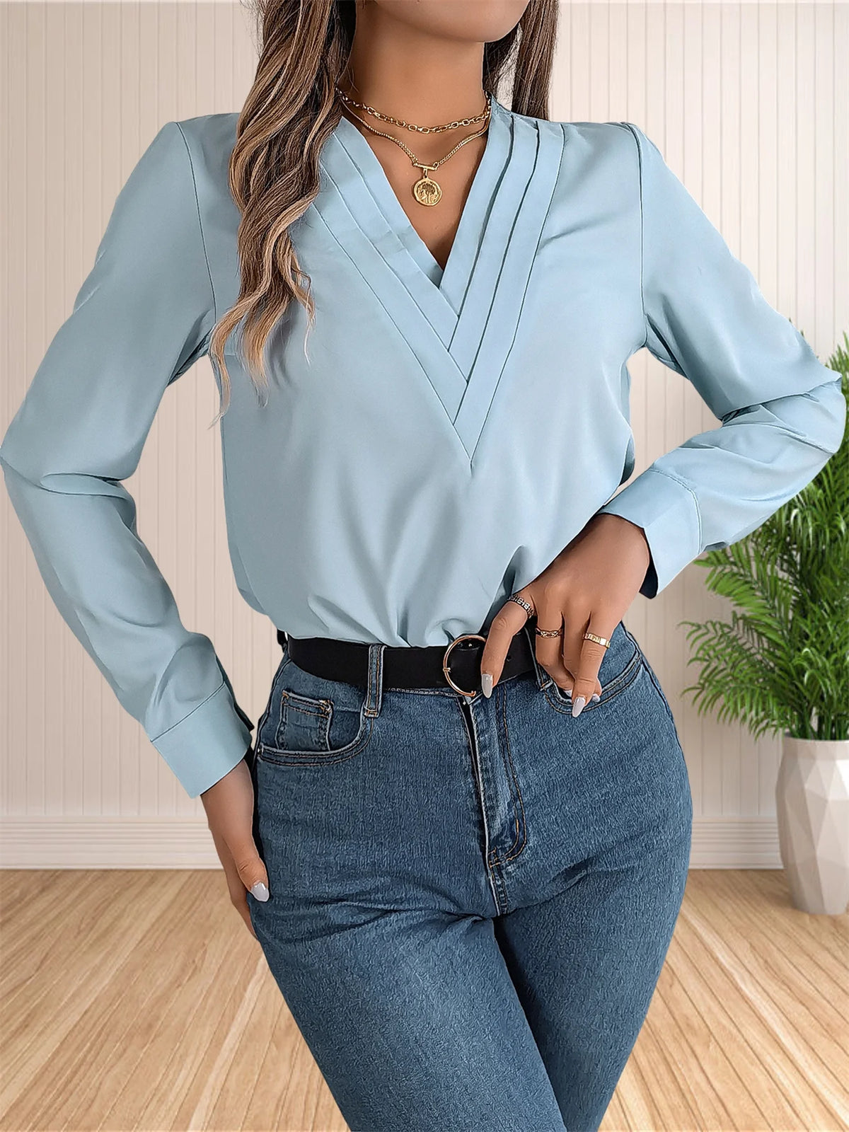 Women's Elegant Business Office Blouse Layered V Neck Long Sleeve Dressy Shirts Work Tops - Chrissy's Eye