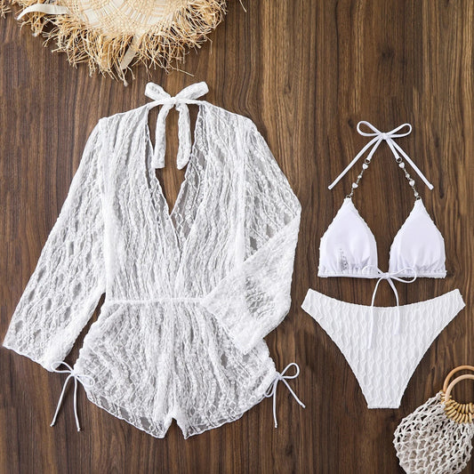 Sexy Mesh Long Sleeve Cover Up 3 Piece Bikini Set 2025 Swimwear Women White Pearls Strap Push Up High Waist Holiday Swimsuit - Chrissy's Eye