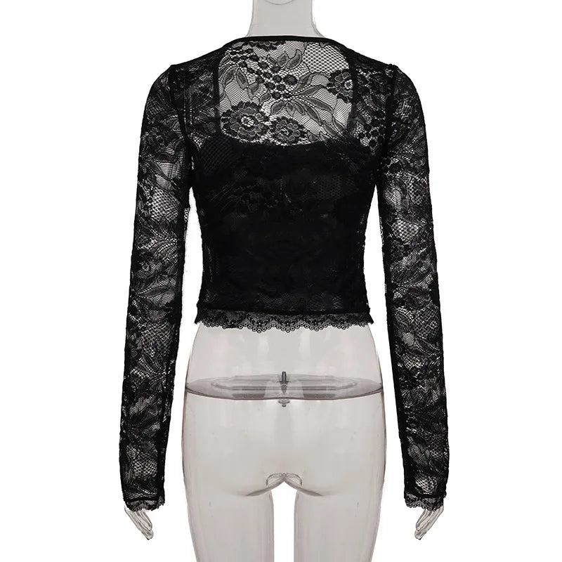 SsTss Solid Slim Sheer Lace Top for Women Fashion Hollow Out Long Sleeve Square Neck Slim Stretch Basic Crop T Shirt for Dating - Chrissy's Eye