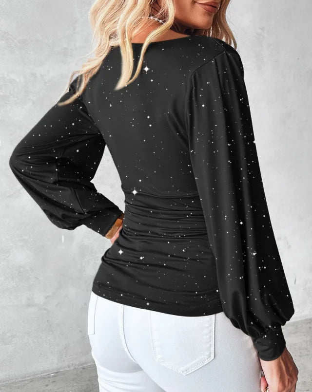 Elegant Red Sequin Blouse with Long Sleeves and Ruched Waist - Polyester Knit Fabric Perfect for Spring/Summer/Fall Stylish Bl - Chrissy's Eye