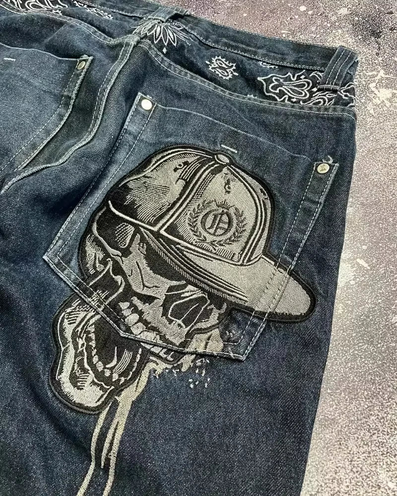 Street Fashion Trend Skull Embroidered Jeans Women Harajuku Y2K New Hip Hop Joker Straight Wide-leg Pants Couple Casual Jeans - Chrissy's Eye