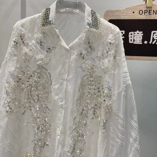 Luxury Diamonds Sequined Embroidery Blouses Shirts Women 2024 Spring New Long Sleeve Shirts Fashion Causal Tops Camisas De Mujer - Chrissy's Eye