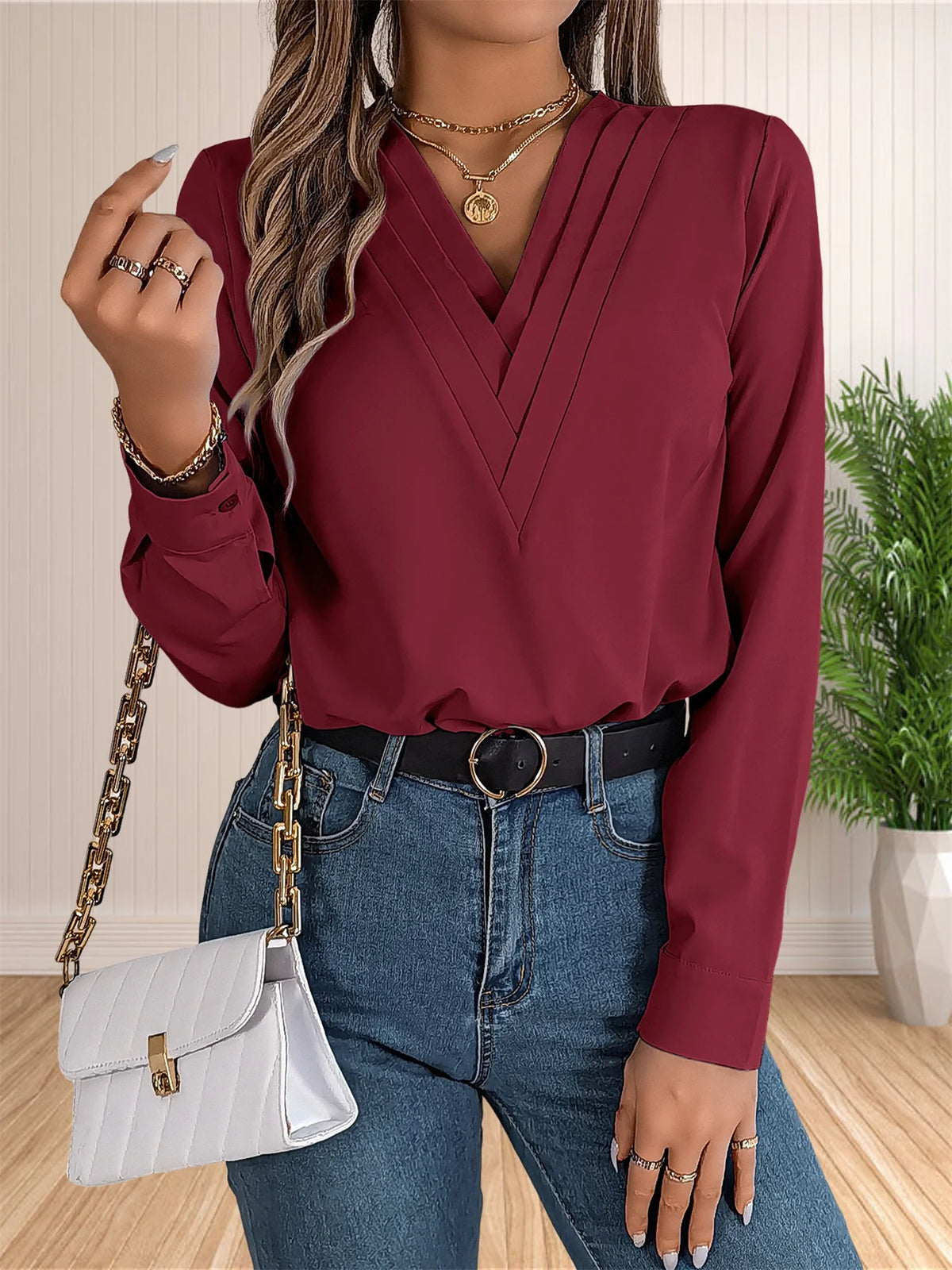 Women's Elegant Business Office Blouse Layered V Neck Long Sleeve Dressy Shirts Work Tops - Chrissy's Eye