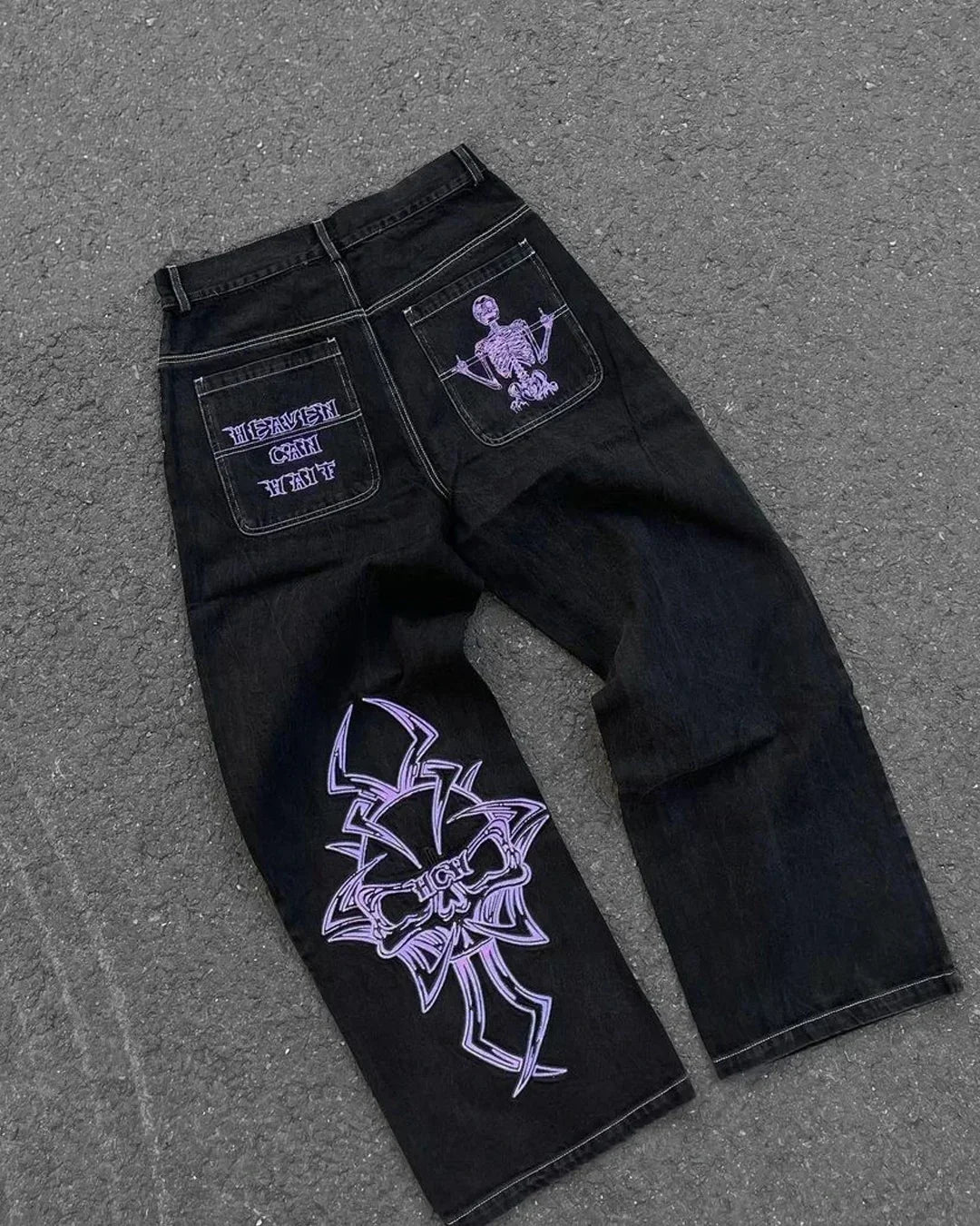 Street Fashion Trend Skull Embroidered Jeans Women Harajuku Y2K New Hip Hop Joker Straight Wide-leg Pants Couple Casual Jeans - Chrissy's Eye