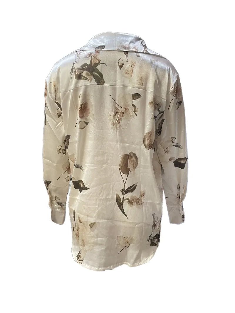 Elegant Intellectual Women's Satin Floral Print Shirt | Soft & Smooth V-Neck Long-Sleeve Button Formal Top for Spring - Chrissy's Eye