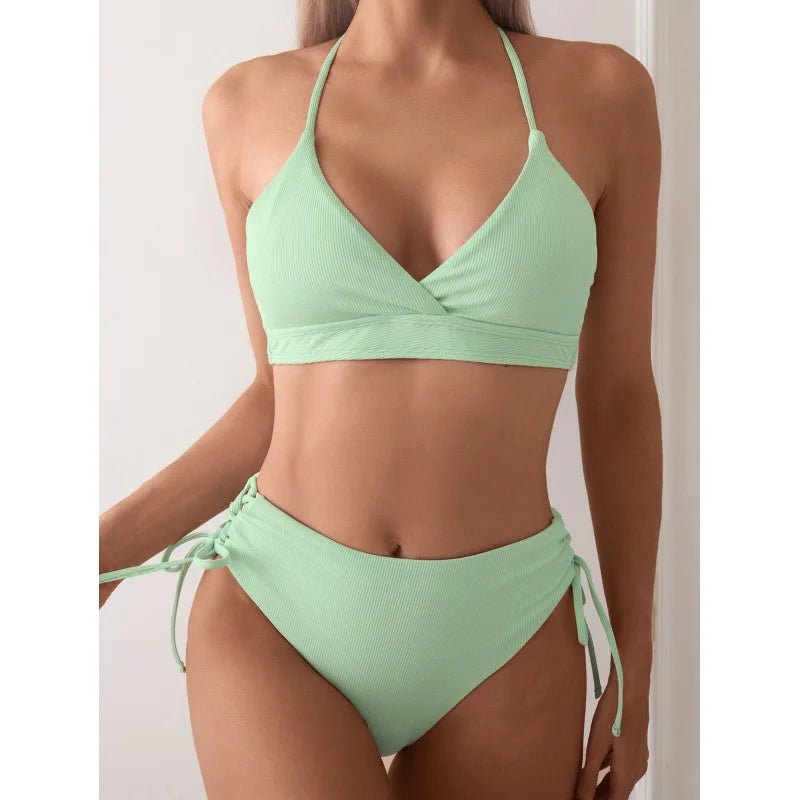 Cikini-V-Neck Split Bikini Set for Women, Sexy Swimsuit, Lace Up, Triangular Bikinis, Solid Color, Beach Swimwear, Bathing Suit - Chrissy's Eye