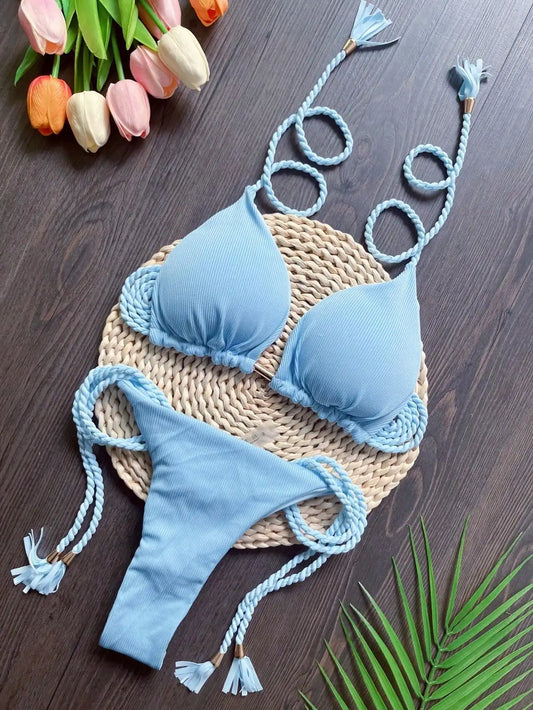 RUOTONSEPT 2024 Sexy Women Swimsuit Braiding rope Bikini Set Two-piece Triangle Solid Swimwear Bathing Suit Brazilian Biquinis - Chrissy's Eye
