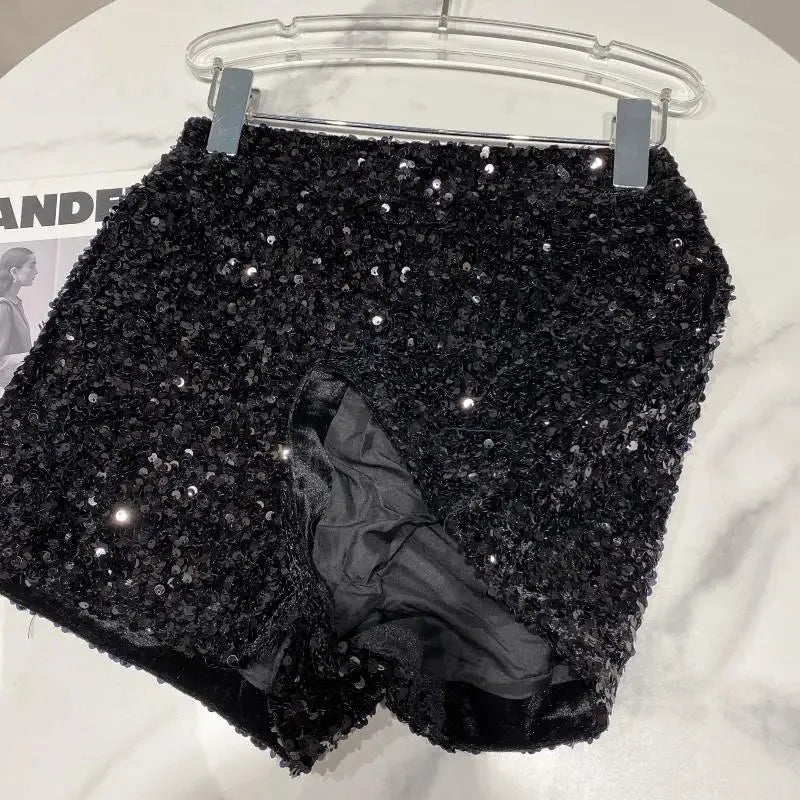 New Autumn Black Velvet Shorts Women Sequined Shiny Versatile Short Pants Clubwear Shorts Hot Pants High Street - Chrissy's Eye