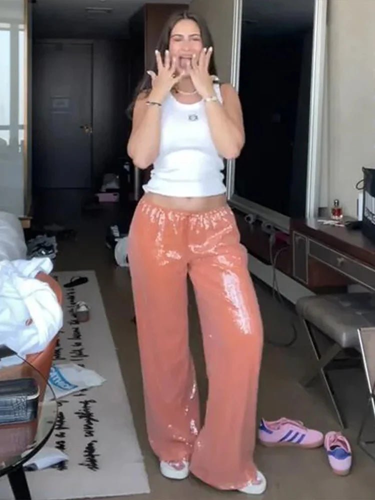 Fashion Sequin Loose Pants Women Solid Drawstring High Waist Wide Leg Trousers Female 2026 Fashion Summer Shinny Bottom Lady - Chrissy's Eye