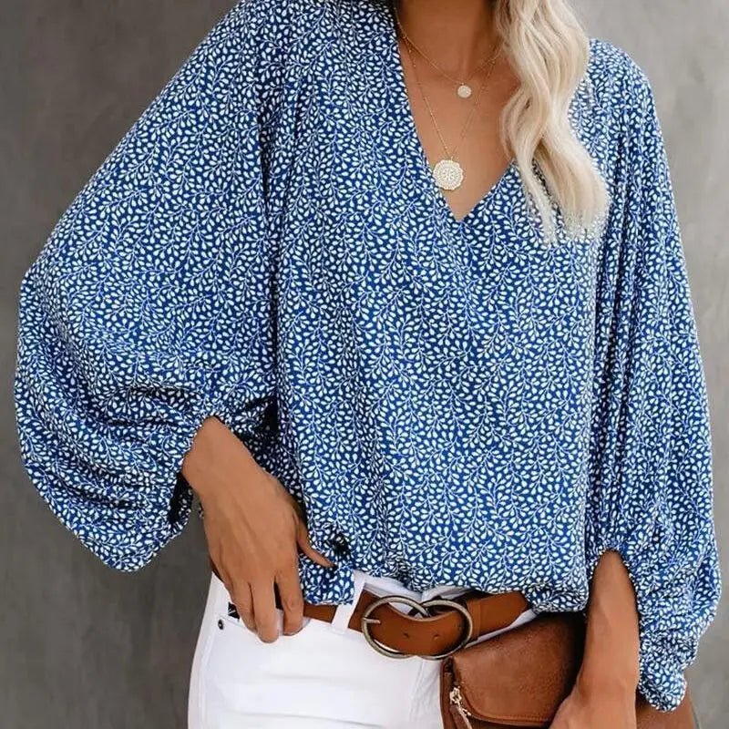 2023 New European and American Cross Boder Spring/Summer/Autumn V-neck Casual Shirt Printed Lantern Sleeve Top Women's W - Chrissy's Eye