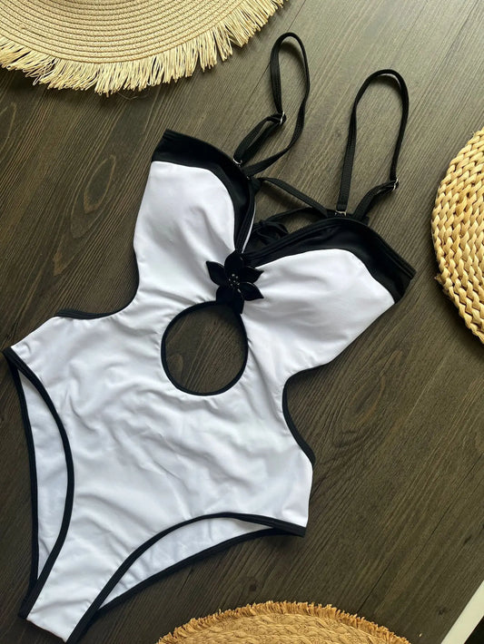 New Black White Patchwork Swimwear Women 2026 Starfish Bandeau Hollow Out Backless Thong One Piece Swimsuit Beach Bathing Suits - Chrissy's Eye