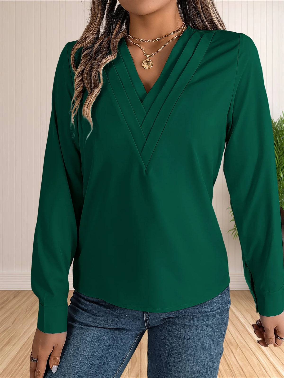 Women's Elegant Business Office Blouse Layered V Neck Long Sleeve Dressy Shirts Work Tops - Chrissy's Eye