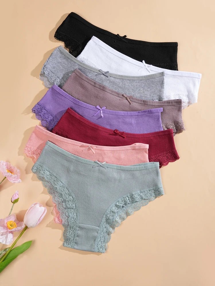 8PCS Women's Cotton Fabric Panties Sexy Lace Bowknot Solid Color Bikini Underpants Fashion Double Straps Comfortable Underwear - Chrissy's Eye