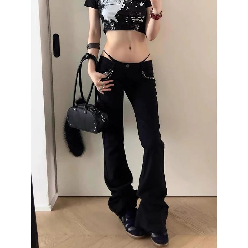 ZHIZOU Women Low Rise Jeans Black Flared Denim Pants Gyaru American Retro Korean Cyber Punk Trumpet Jeans Y2k Skinny Bell Bottom - Chrissy's Eye