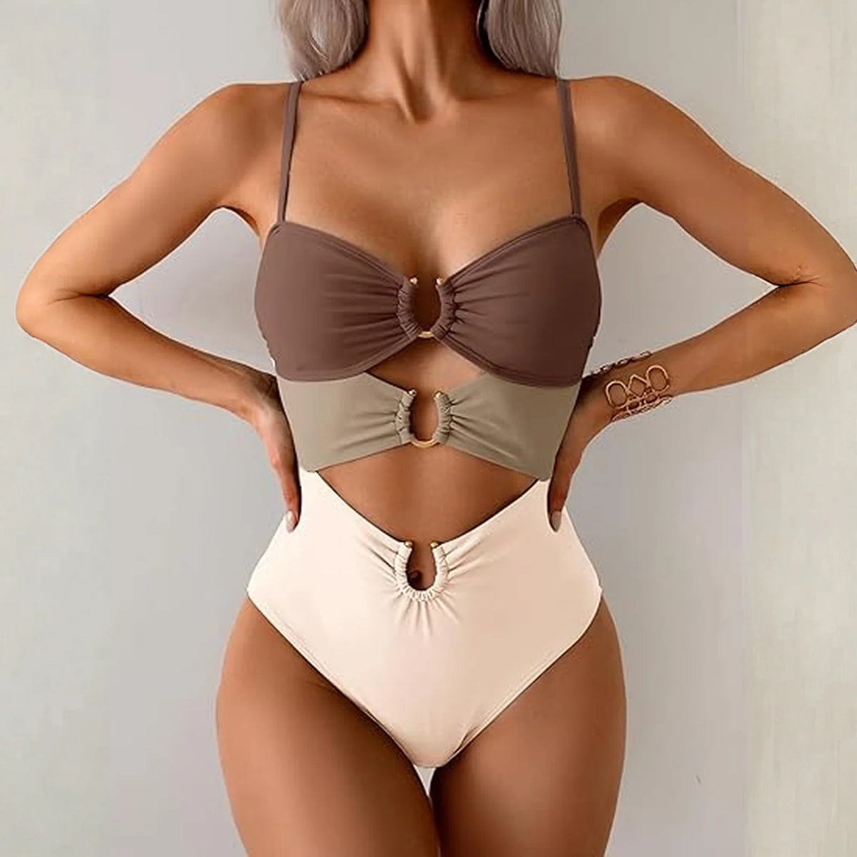 Sexy Cutout Swimsuit Solid Color Summer Spaghetti Strap Color Block Ring Detail One Piece Beach High Cut Bathing Suit - Chrissy's Eye