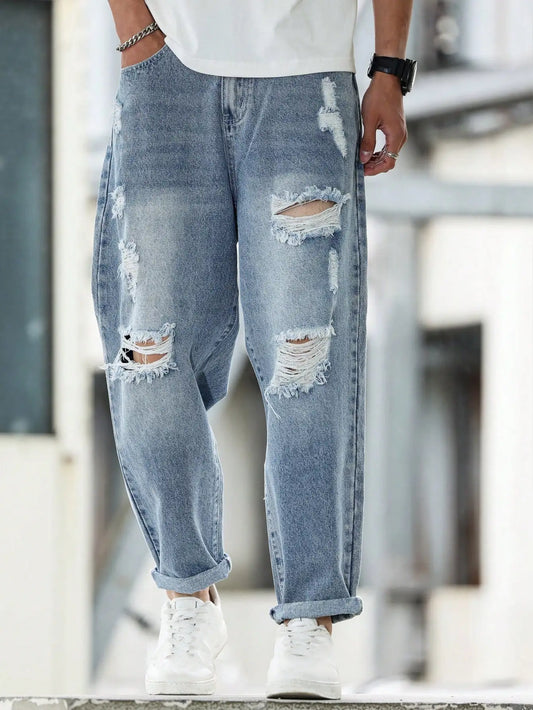 Men's Blue Ripped Denim Harem Pants for Spring and Autumn. Street Fashion. Casual Trend 。 - Chrissy's Eye