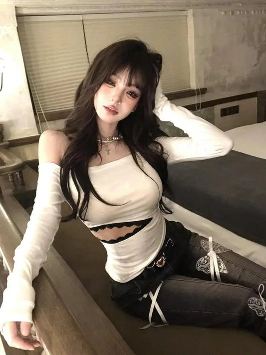 Tonngirls Backless Graphic T Shirts 2000s Japanese Y2k Long Sleeve Skinny Off Shoulder Crop Tops Gothic Print Gaphic Tops Tee - Chrissy's Eye