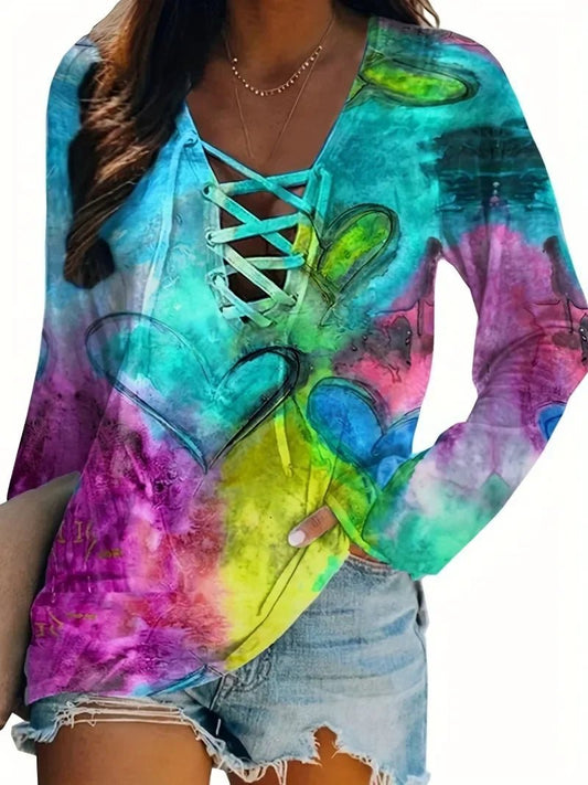 Fashion Women's Plus Size 1XL-5XL New Tie Dye Long Sleeve Strap V-Neck T-shirt Ladies Casual Loose Tops - Chrissy's Eye