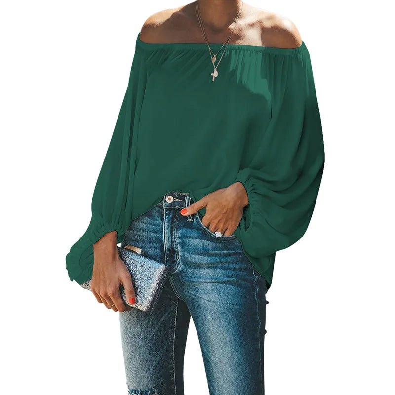 2024 off-shoulder tops for women autumn new one-shoulder solid color lantern sleeves loose long-sleeved T-shirt - Chrissy's Eye