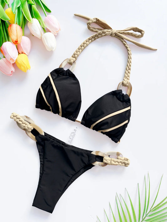 Weave triangle swimsuit lady biquinis Brazilian women bikini ring sexy bathing suit 2025 two pieces suits Halter micro swimwear - Chrissy's Eye