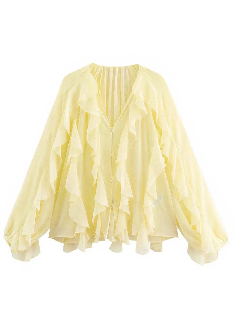 2026 Summer Chic Women's Elegant Loose Long Sleeve Layered Shirts Office Lady Vintage V-neck Translucent Tierred Ruffles Blouses - Chrissy's Eye
