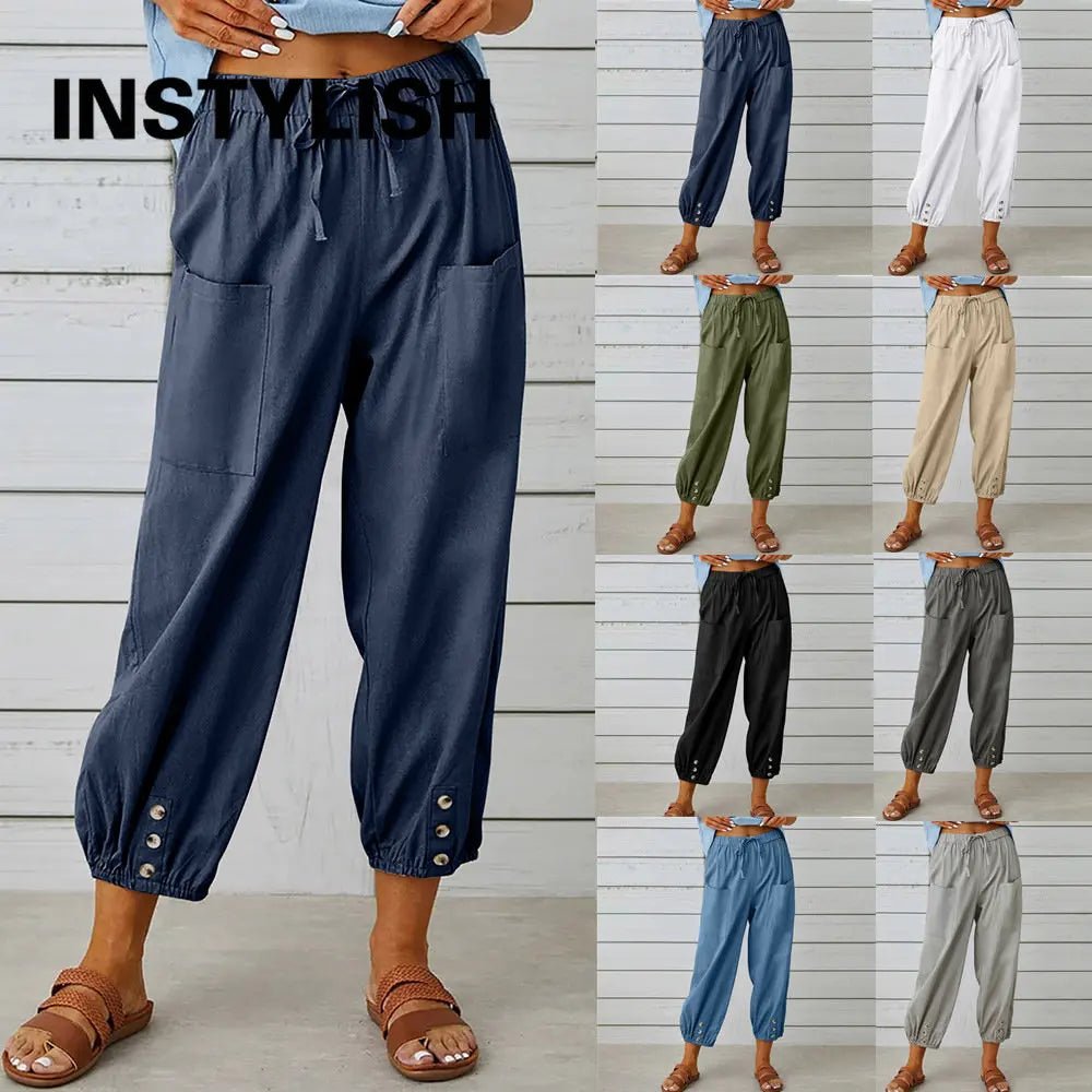 Women Cotton Linen Pants 2023 Autumn Solid Color Elastic Waist Loose Straight Trousers Female Harajuku High Waist Wide Leg Pants - Chrissy's Eye
