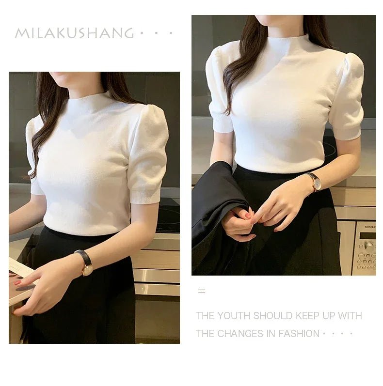 Puff Sleeve Knit Top with Half Turtleneck - Chrissy's Eye