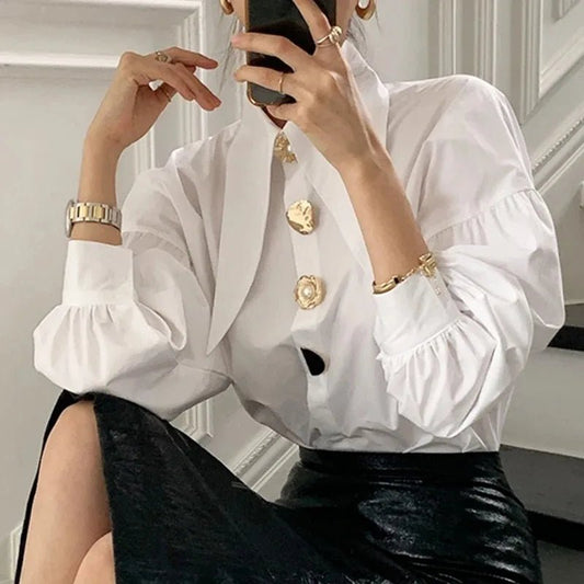 White Elegant Pearl Women Shirts Korean Sharp Corner Collar Loose Long Sleeve Ladies Blouse Y2k Fashion New Chic Female Tops - Chrissy's Eye