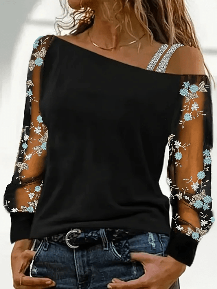 Sexy Off Shoulder Sloping Collar Long Sleeved Lace Printed Women's Top Daily Versatile Dating Parties Autumn Tops - Chrissy's Eye