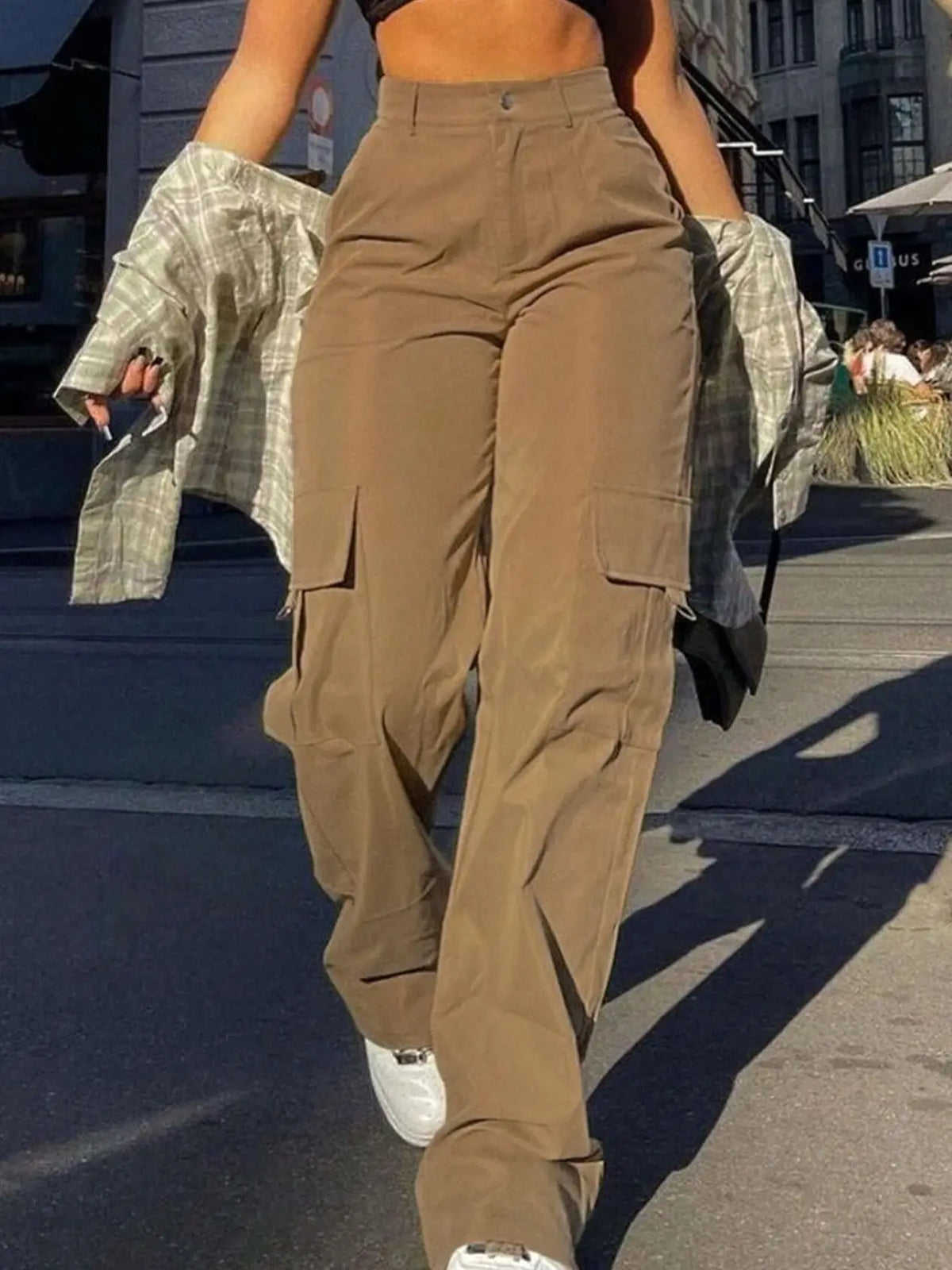 Women's Plain High Waist Cargo Pants, Street Fashion Casual Pocket Button Trousers for Daily Wear, Ladies Bottoms for All Season - Chrissy's Eye
