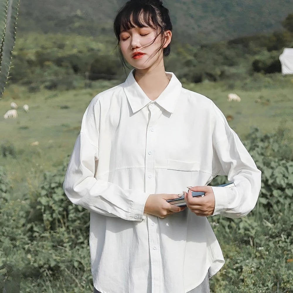 100% Cotton Oversized White Shirt Women Korean Long sleeve Basic Blouse Female Loose Casual Tops Button up Lady Tunic - Chrissy's Eye