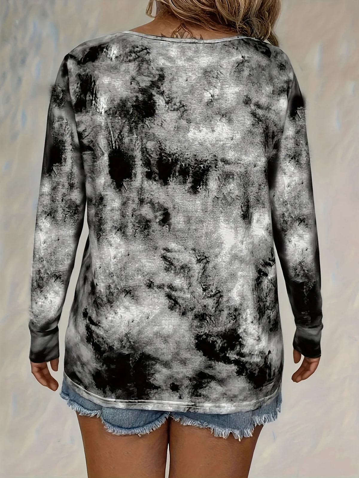 plus size women's tie dye printed long sleeved T-shirt made of polyester knitted fabric elegant lace up casual and comfortable - Chrissy's Eye