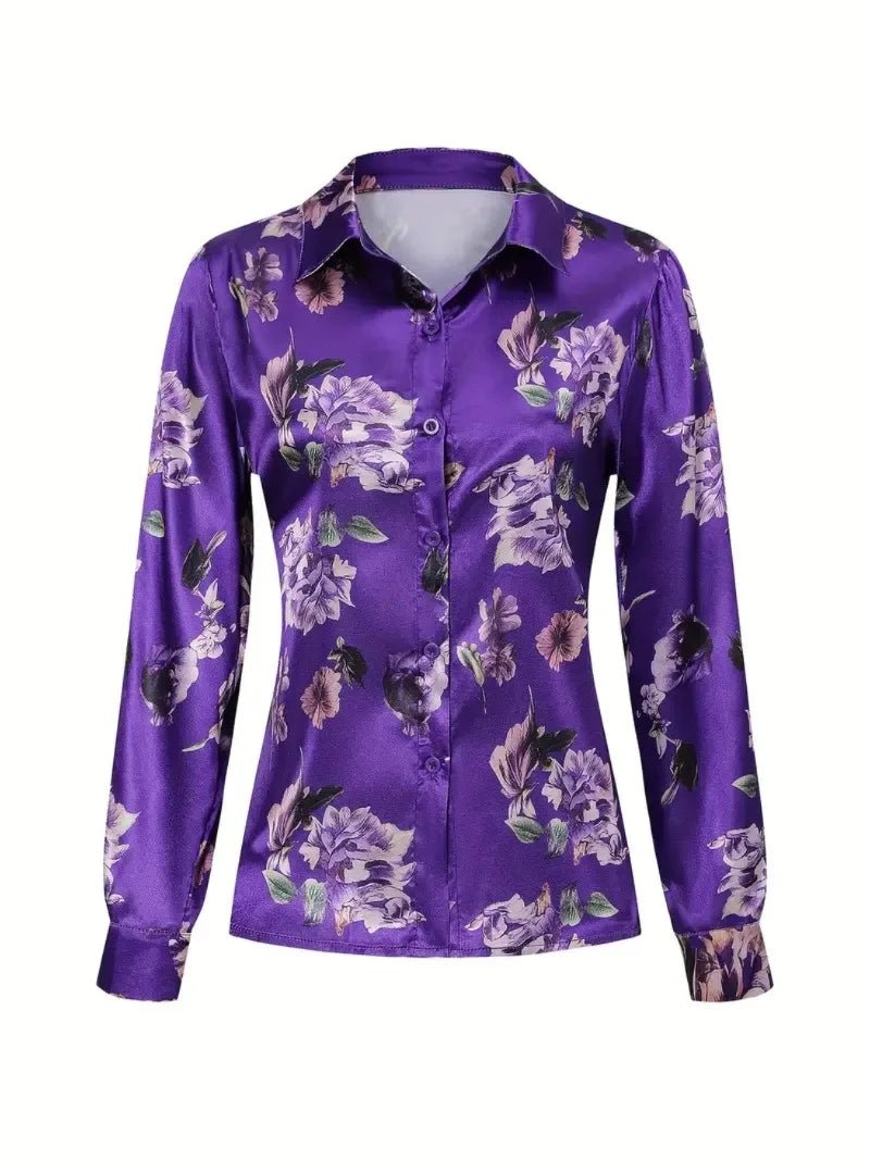 Elegant Intellectual Women's Satin Floral Print Shirt | Soft & Smooth V-Neck Long-Sleeve Button Formal Top for Spring - Chrissy's Eye