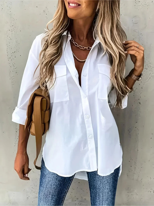 Plus Size 1XL-5XL Women Fashion Solid Color Lapel Shirt Pocket Decoration Shirt Casual Loose and Simple Long Sleeved Shirt - Chrissy's Eye