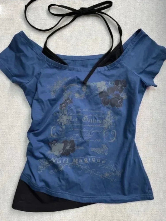 2025 Summer Vintage Fake Two Piece Halter Lace Up T-shirts Y2k Slim Fit Print Tops Women Off Shoulder Short Sleeve Tee Shirt - Chrissy's Eye