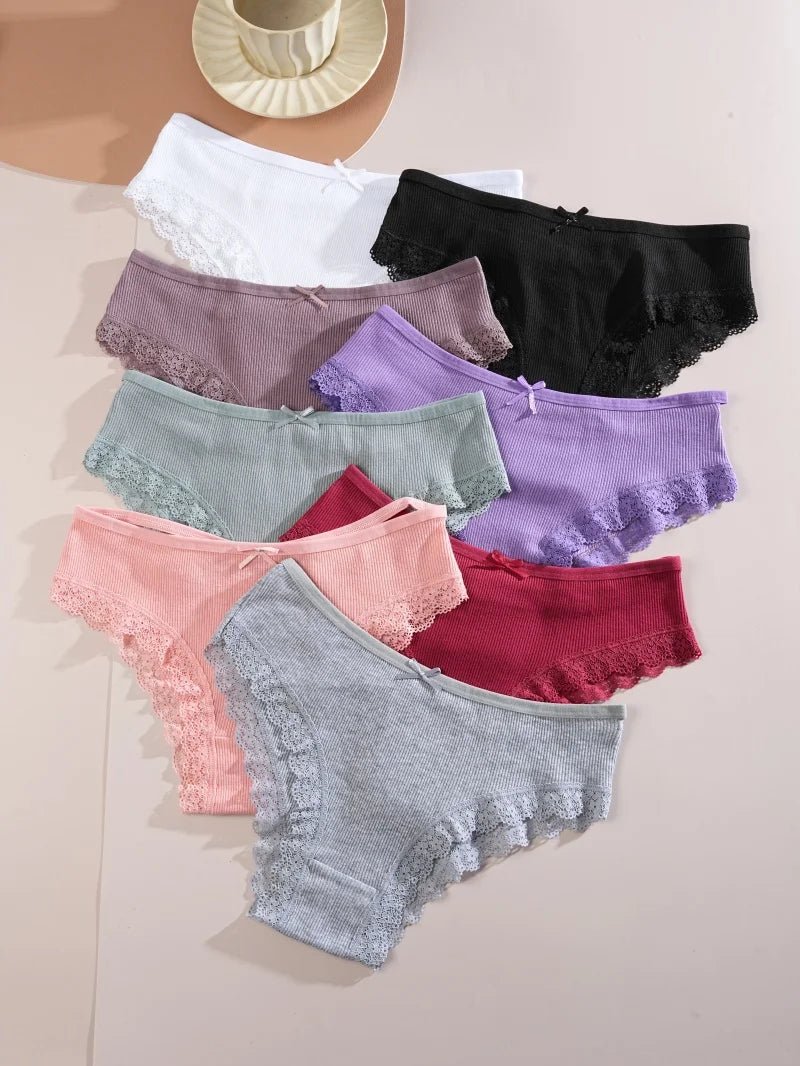 8PCS Women's Cotton Fabric Panties Sexy Lace Bowknot Solid Color Bikini Underpants Fashion Double Straps Comfortable Underwear - Chrissy's Eye