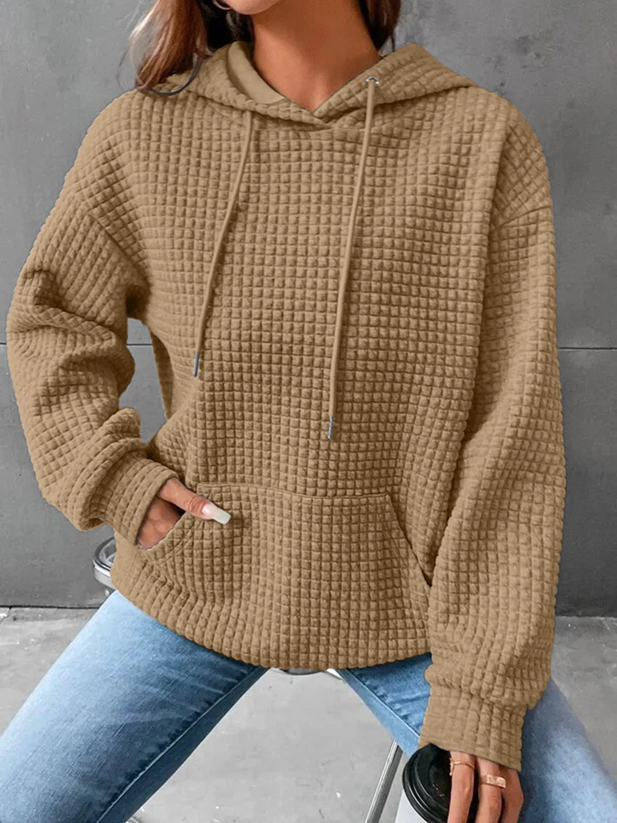 Women's hooded sweatshirt spring and autumn style waffle fashion beautiful solid color hooded drawstring loose sweatshirt - Chrissy's Eye
