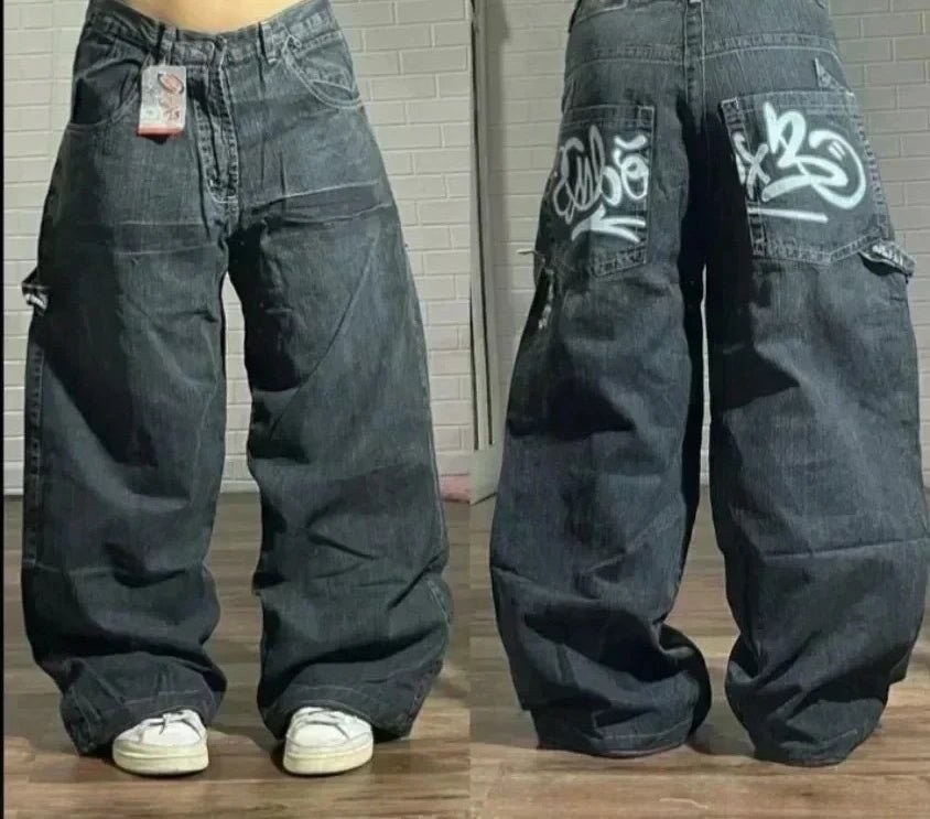 Street Fashion Trend Skull Embroidered Jeans Women Harajuku Y2K New Hip Hop Joker Straight Wide-leg Pants Couple Casual Jeans - Chrissy's Eye