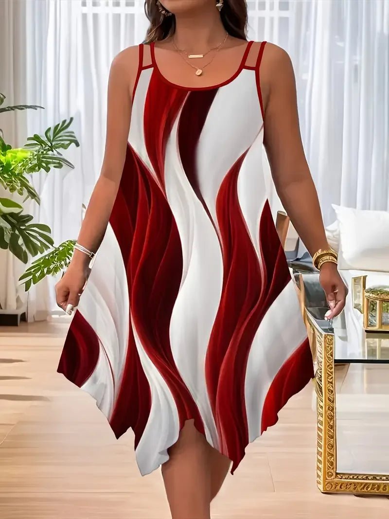 Plus-size women's fashion asymmetrical geometric stripes printed double strap dress - Chrissy's Eye