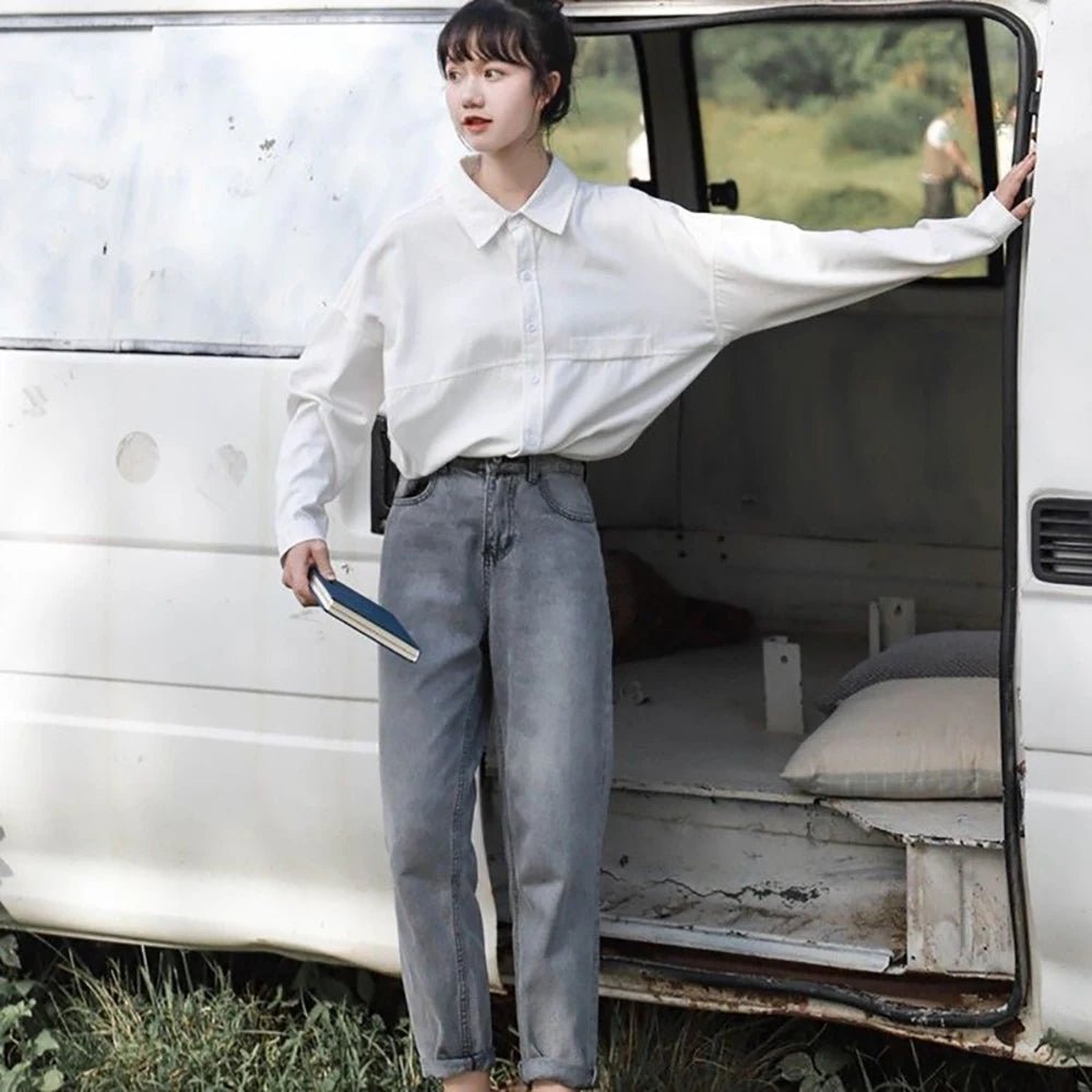 100% Cotton Oversized White Shirt Women Korean Long sleeve Basic Blouse Female Loose Casual Tops Button up Lady Tunic - Chrissy's Eye