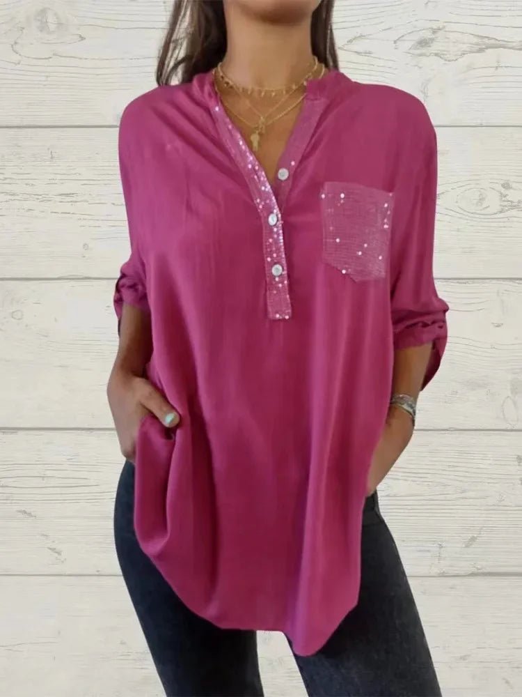 Autumn Sparkling Pocket Button Shirt Office Women's V-Neck Long Sleeved Blouse Casual Every Day Top Clothes - Chrissy's Eye
