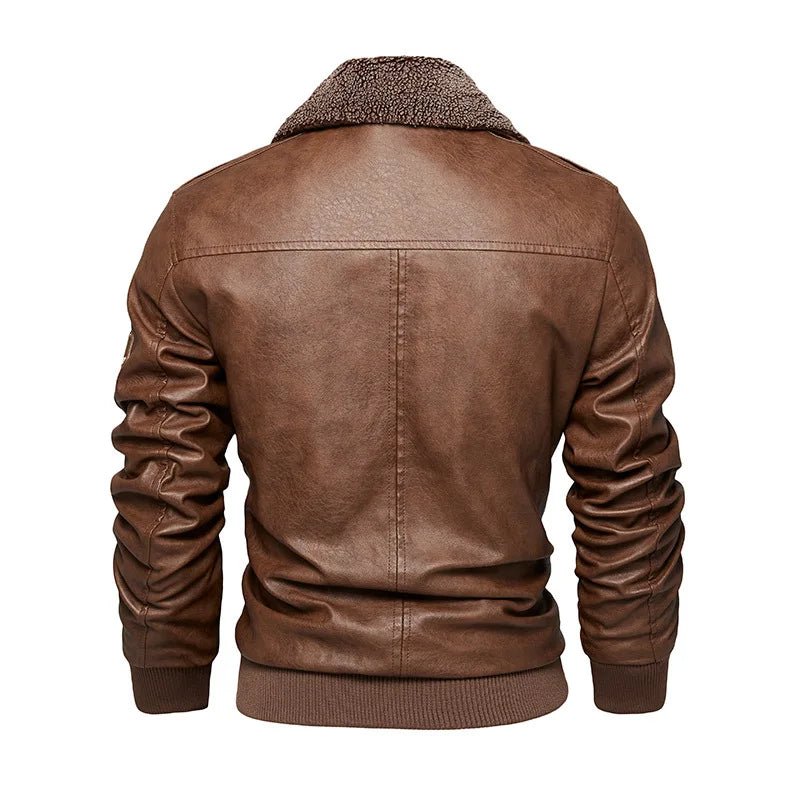 Men's Fleece Fur Collar Windbreaker Coat, Pu Jacket, Thick Warm Cashmere Military Bomber - Chrissy's Eye