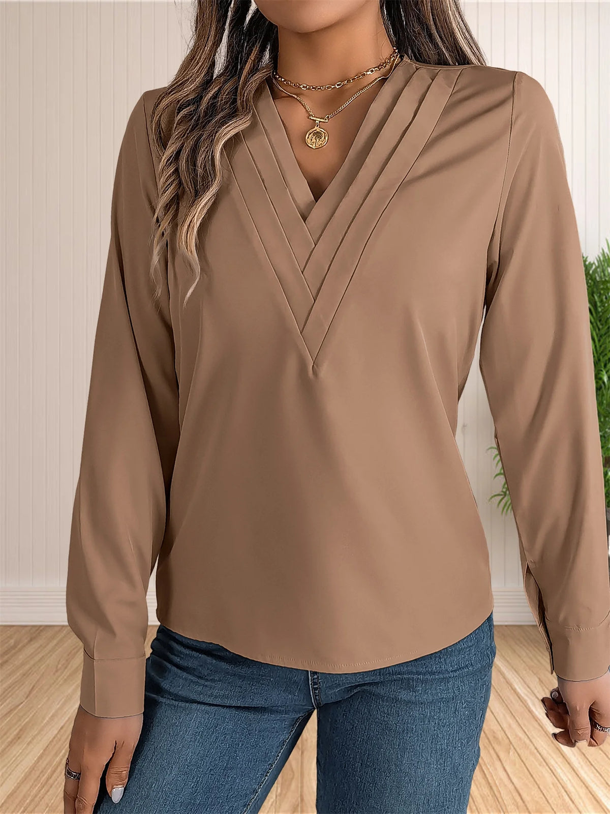 Women's Elegant Business Office Blouse Layered V Neck Long Sleeve Dressy Shirts Work Tops - Chrissy's Eye