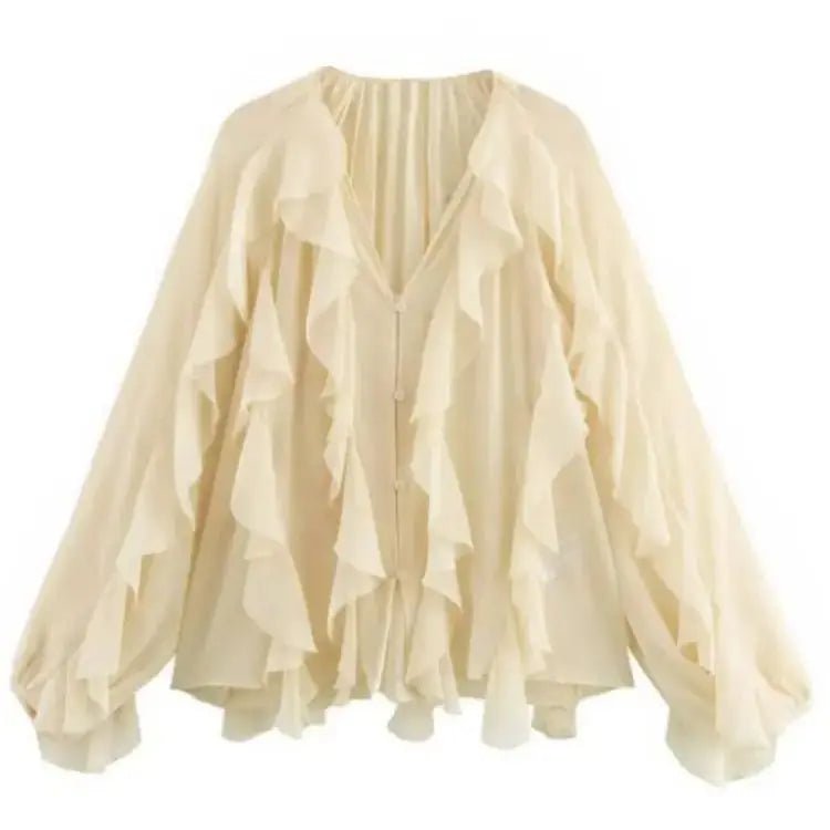 2026 Summer Chic Women's Elegant Loose Long Sleeve Layered Shirts Office Lady Vintage V-neck Translucent Tierred Ruffles Blouses - Chrissy's Eye