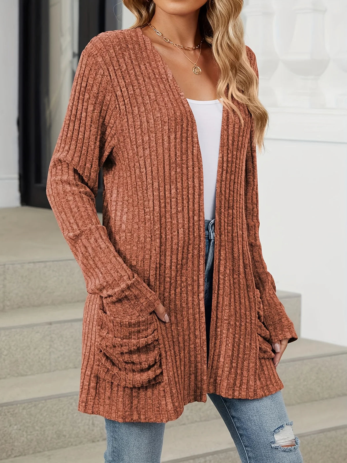 Plus Size Open Front Cardigan Casual Dual Pockets Long Sleeve Cardigan For Fall Women's Plus Size Clothing - Chrissy's Eye