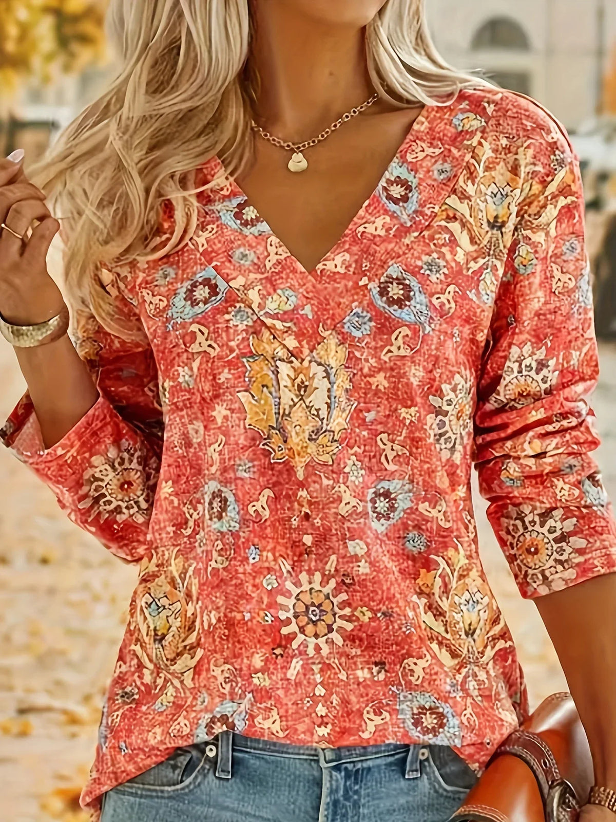 Plus Size Boho Top Women's Plus Floral Print Long Sleeve T-Shirt Casual V Neck Slight Stretch Top Clothing - Chrissy's Eye